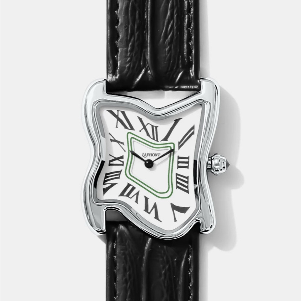 LAPHONT melting Silver and Black Leather Watch